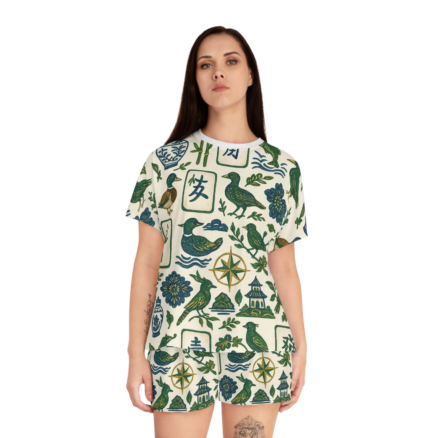 Chinoiserie Mahjong Pajama Set, Blue and White Women's PJs, Dragon Ducks Tiles, Mom Sister Bestie Gift, Girls Mahj Weekend Bachelorette,