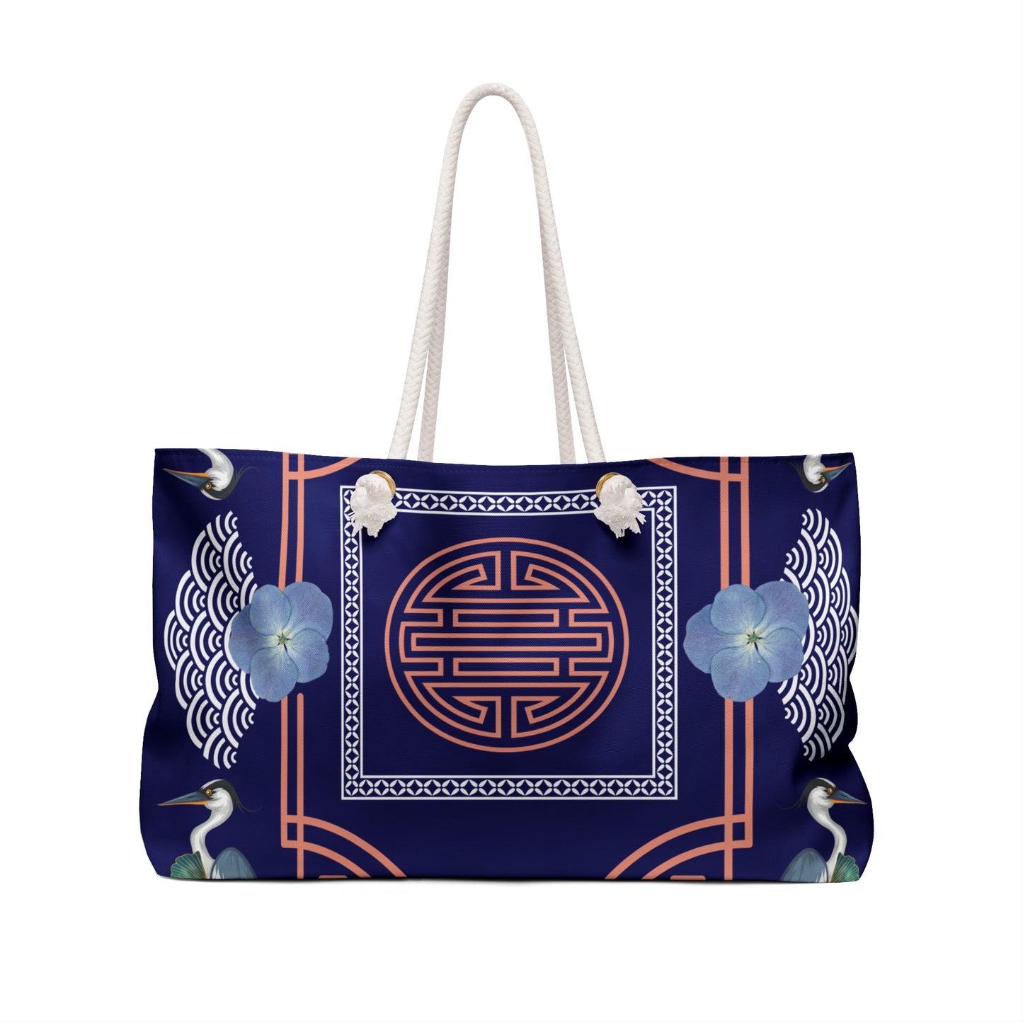 Chinoiserie Cranes Fretwork Mahjong Week Bag - Mahjong Tile Girls Weekend Gift, Floral Pattern Antique Shop Traditional Travel Tote