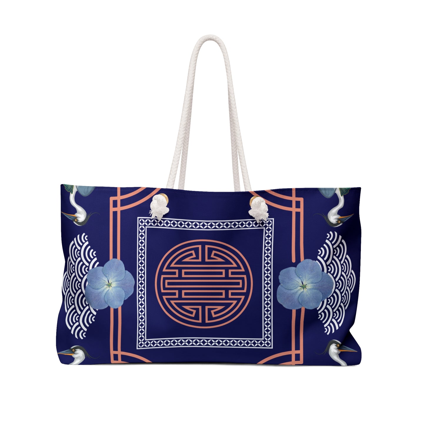 Chinoiserie Cranes Fretwork Mahjong Week Bag - Mahjong Tile Girls Weekend Gift, Floral Pattern Antique Shop Traditional Travel Tote