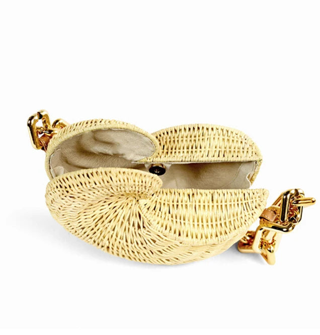 Fashion Thick Chains Rattan Conch Women Shoulder Bags Design Wicker Woven Handbags Luxury Summer Beach Straw Bag Bali Purse 2023