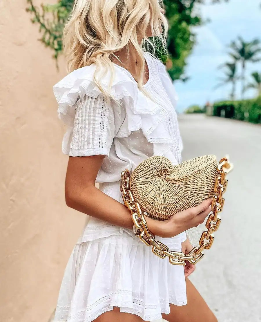 Fashion Thick Chains Rattan Conch Women Shoulder Bags Design Wicker Woven Handbags Luxury Summer Beach Straw Bag Bali Purse 2023