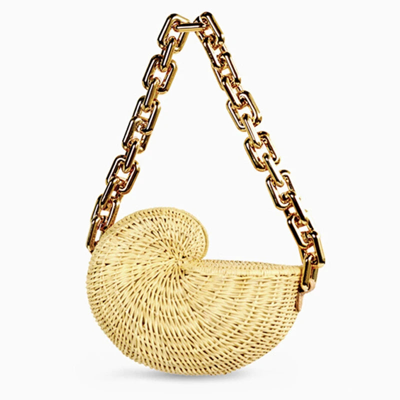 Fashion Thick Chains Rattan Conch Women Shoulder Bags Design Wicker Woven Handbags Luxury Summer Beach Straw Bag Bali Purse 2023