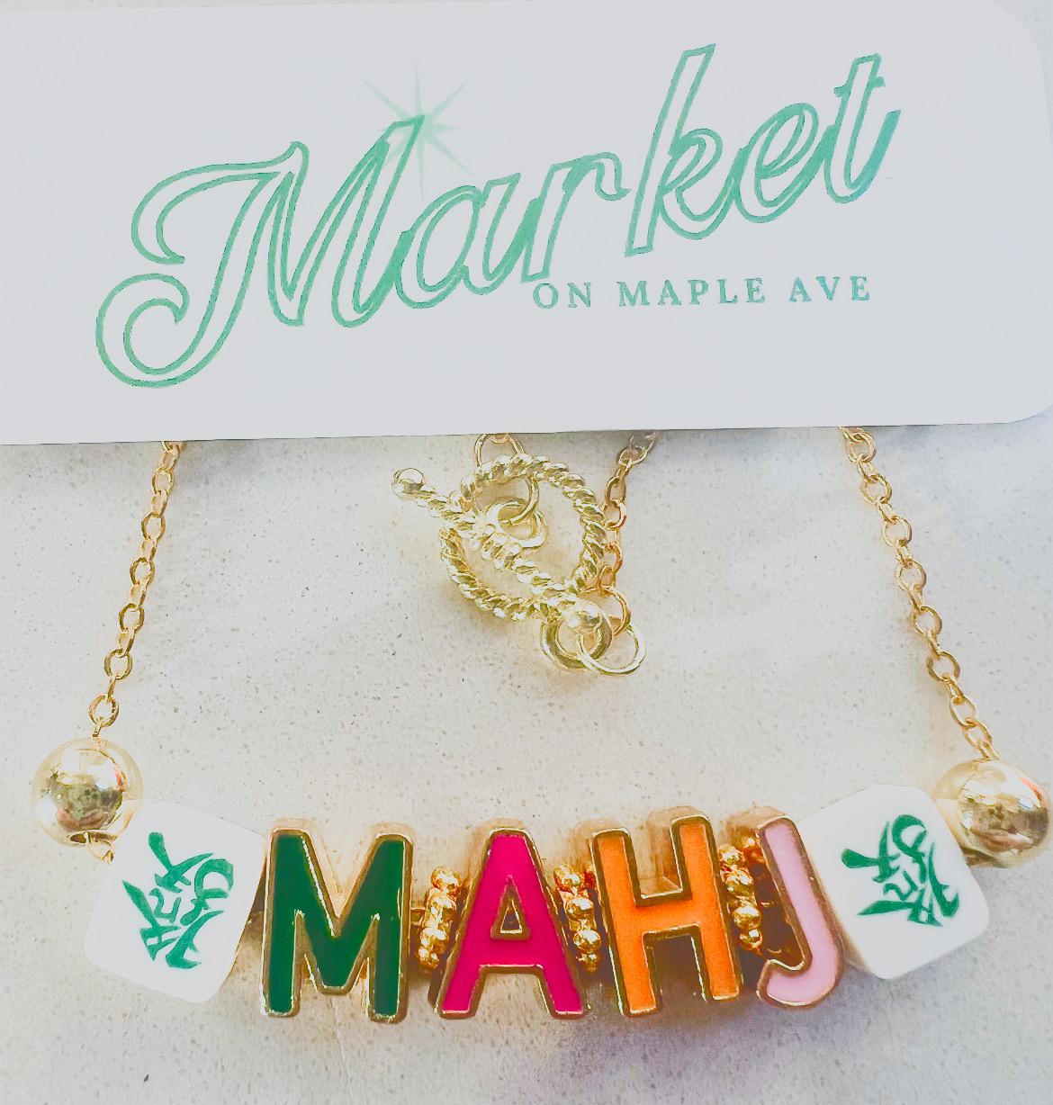 MAHJ Necklace with enamel pastel letter slide beads on gold color chain, easy gold tone toggle 16.5-17 inches. Great mahjong prize, gift, or