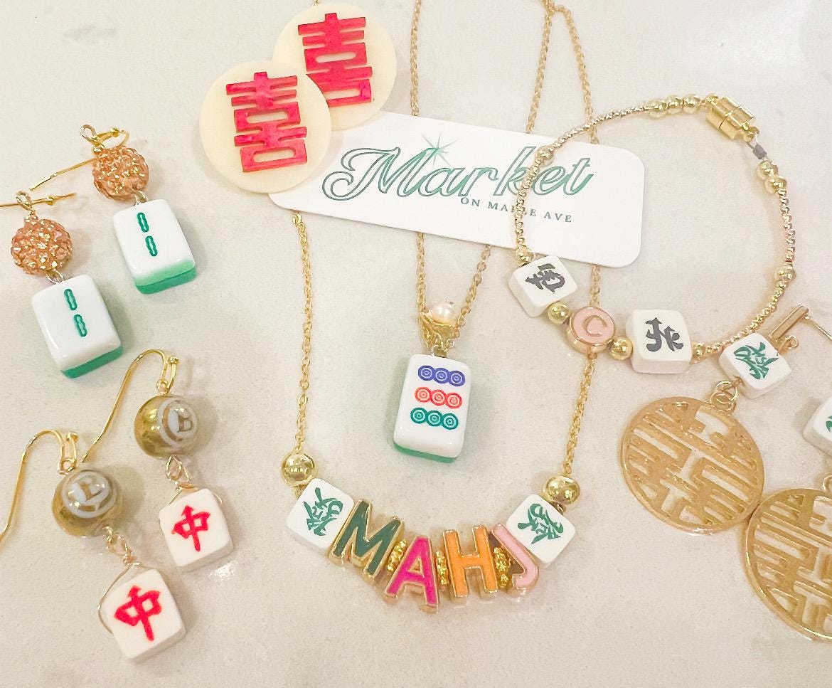 MAHJ Necklace with enamel pastel letter slide beads on gold color chain, easy gold tone toggle 16.5-17 inches. Great mahjong prize, gift, or