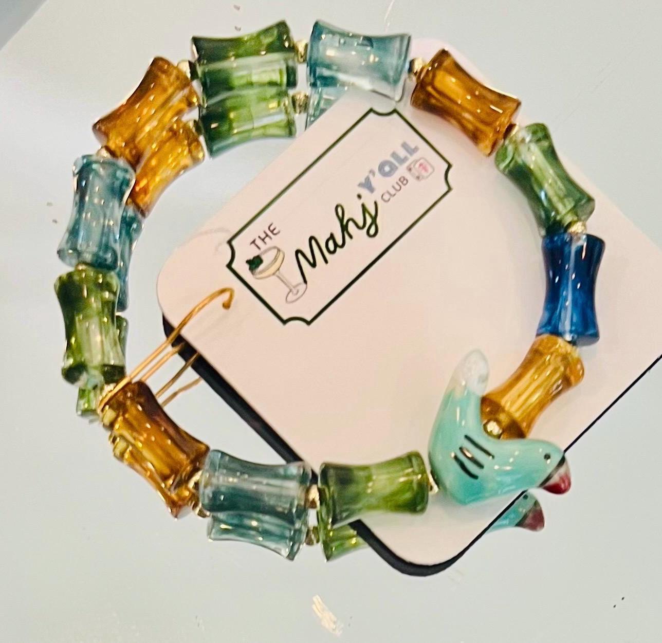 Bam Bird Mahjong Acrylic bamboo bracelet porcelain bird bead Beaded Colors Braceletsglass beads & acrylic, stretchy. Sold separately